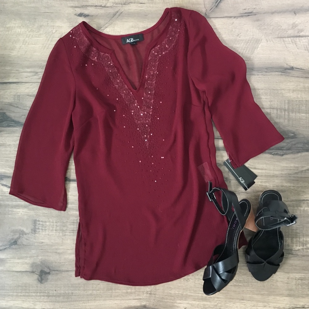 NEW AGB Petite Small red 3/4 length sleeve blouse